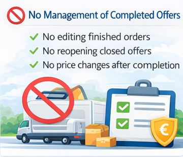 Řidiči na ExusTrans nemohou spravovat dokončené nabídky Ilustrace znázorňující, že řidiči nemohou na platformě ExusTrans upravovat ani znovu otevírat dokončené přepravní nabídky