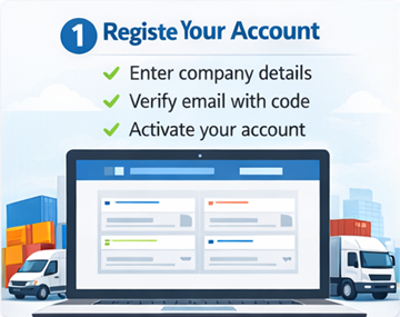 Registrace účtu dopravce na ExusTrans Registrační formulář dopravce ExusTrans s údaji o společnosti, DIČ a ověřením e-mailem